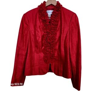 Vtg Victor Costa Blazer Women 10 Red Ruffle Front Zip Shimmer Evening Jacket